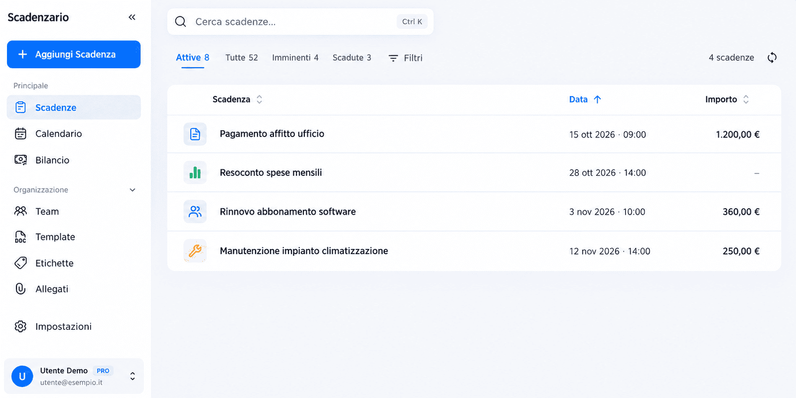 Interfaccia web di Scadenzario